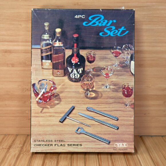 Vintage 60s YAX Bar Set 4 pieces Stainless Steel, Teak Wood, Checker Flag Series - Picture 2 of 5